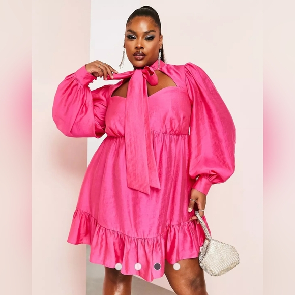 ASOS LUXE Curve Pussybow Cupped Mini Dress Blouson Sleeve Open Back Pink Size 18 - Picture 14 of 14